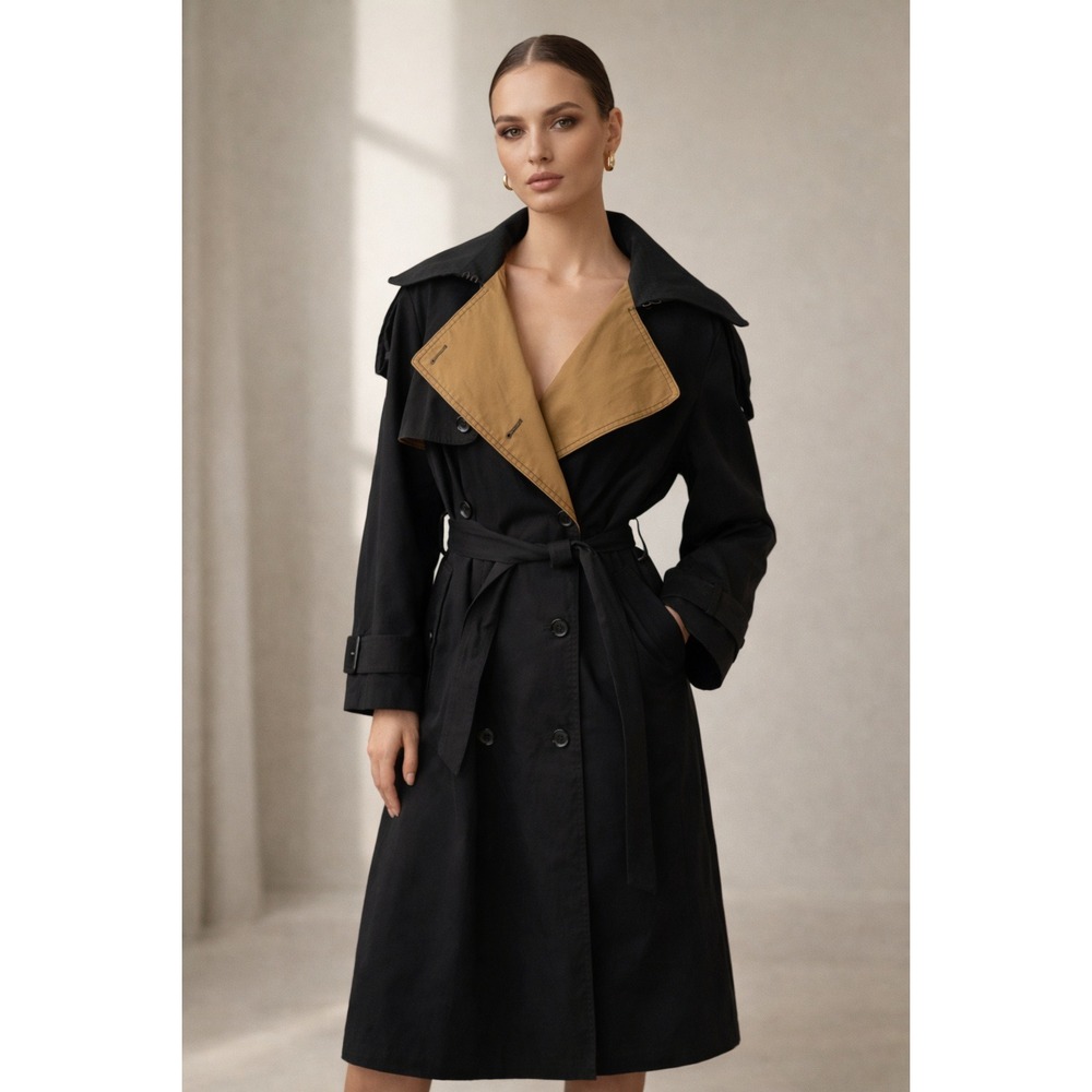 Banana Republic Patchwork Classic Twill Trench Coat Large Petite Black Tan Rare
